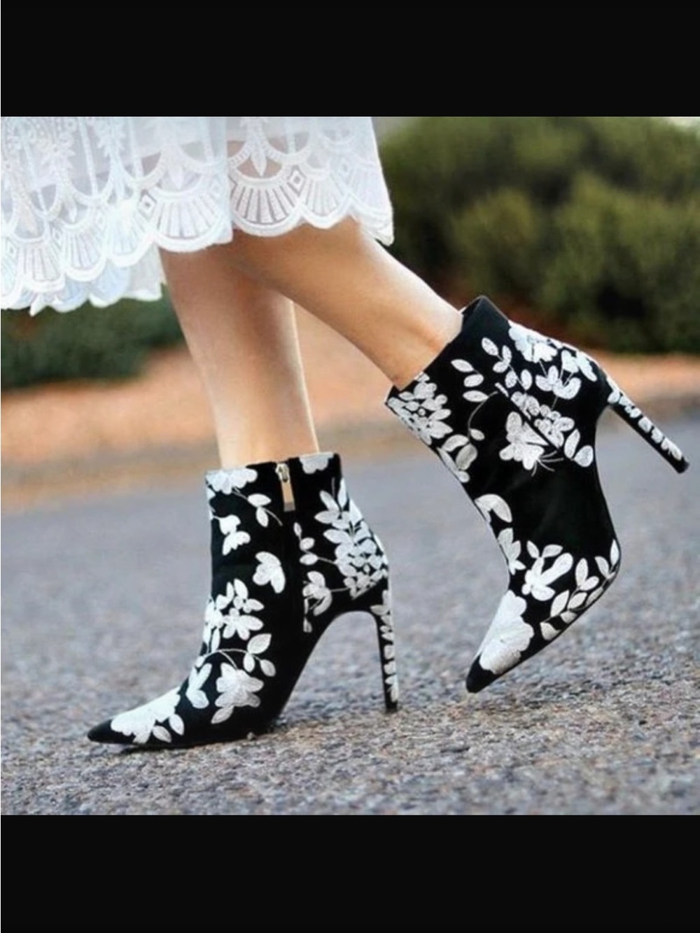 Zara Black Ankle Boots with White Floral Embroidery - Women's Heeled Boots